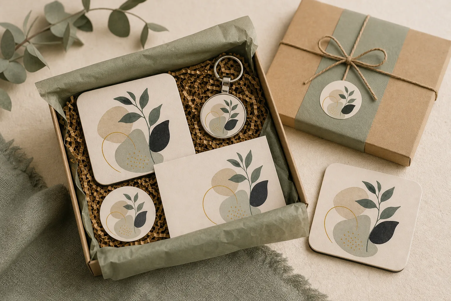 Concept small-batch staff gift arrangement with neutral unbranded artwork