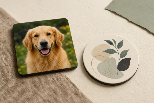 Concept coaster featuring a golden retriever portrait